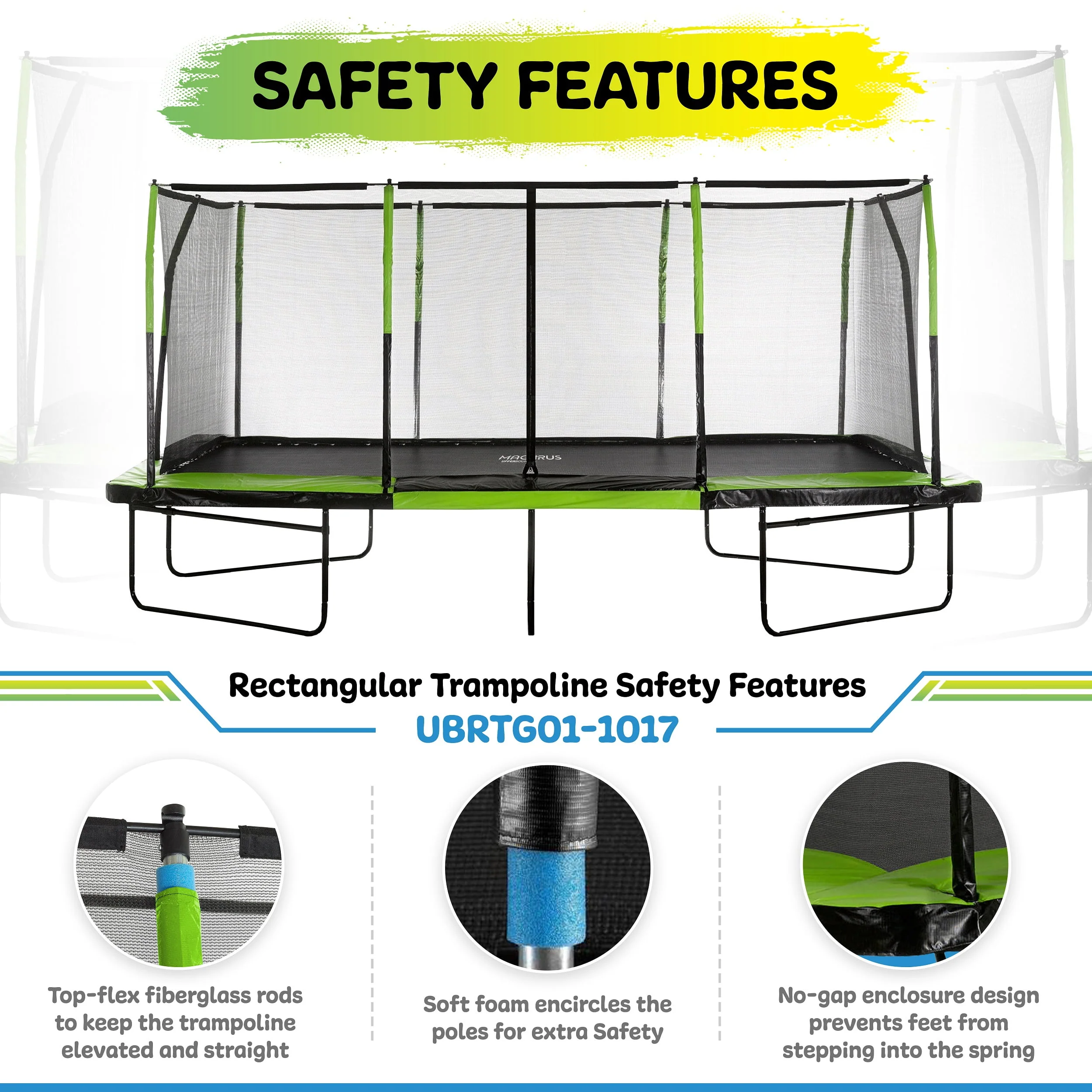 Machrus Upper Bounce - Mega 10' X 17' Gymnastics Style, Rectangular Trampoline Set with Premium Top-Ring Enclosure System - Green/Black