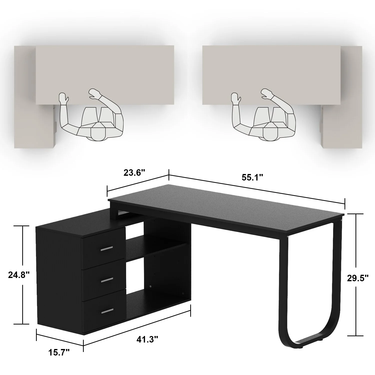 FUFU&GAGA L-shaped executive desk With 3 Drawers for Home and Office Black