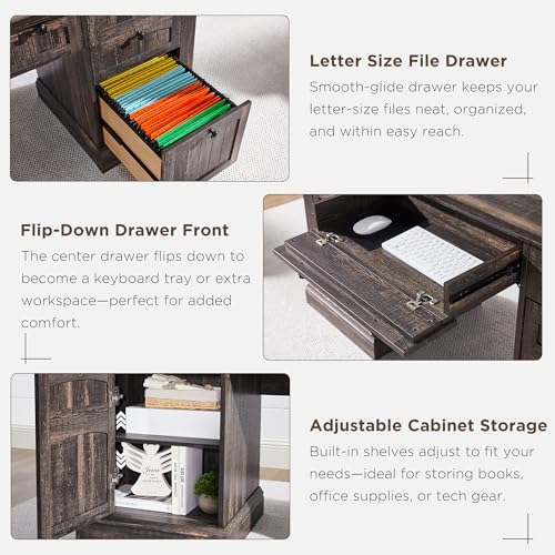 OKD 60" Executive Desk with Drawers, Farmhouse Home Office Desk with Charging Station, Keyboard Tray, File Cabinet Storage
