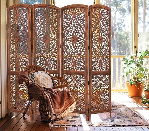 Room Divider Wood Screen - Ghanti Bells Antique Brown - 4 Panel Folding 72 x 80