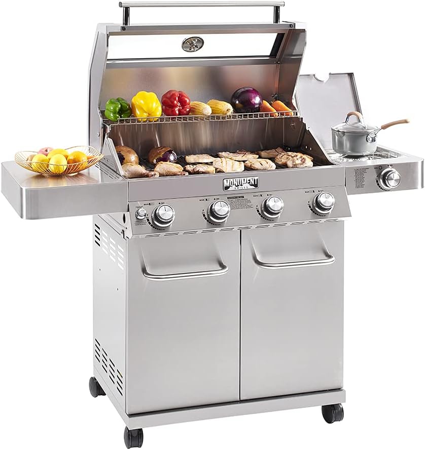 Monument Grills 41847NG Convertible 4-Burner Cabinet Style Natural Gas Grill ,Stainless Steel Propane Grills, LED Controls