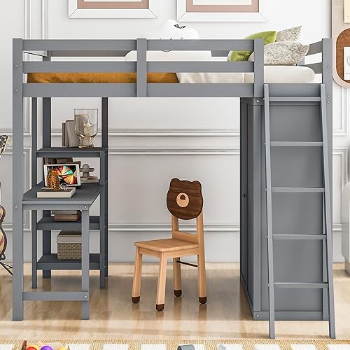Harper & Bright Designs Full Size Loft Bed with Wardrobe and Desk, Solid Wood Loft Bed Frame with Storage, for Kids Teens Adults (Full Size, White)