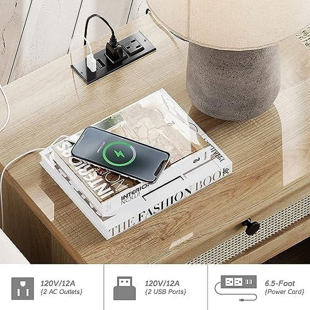 Rattan Nightstand End Table with Charging Station  Farmhouse Small Side Table for Living Room with 2 Drawers  Natural Wood Night Stand Bedside Table