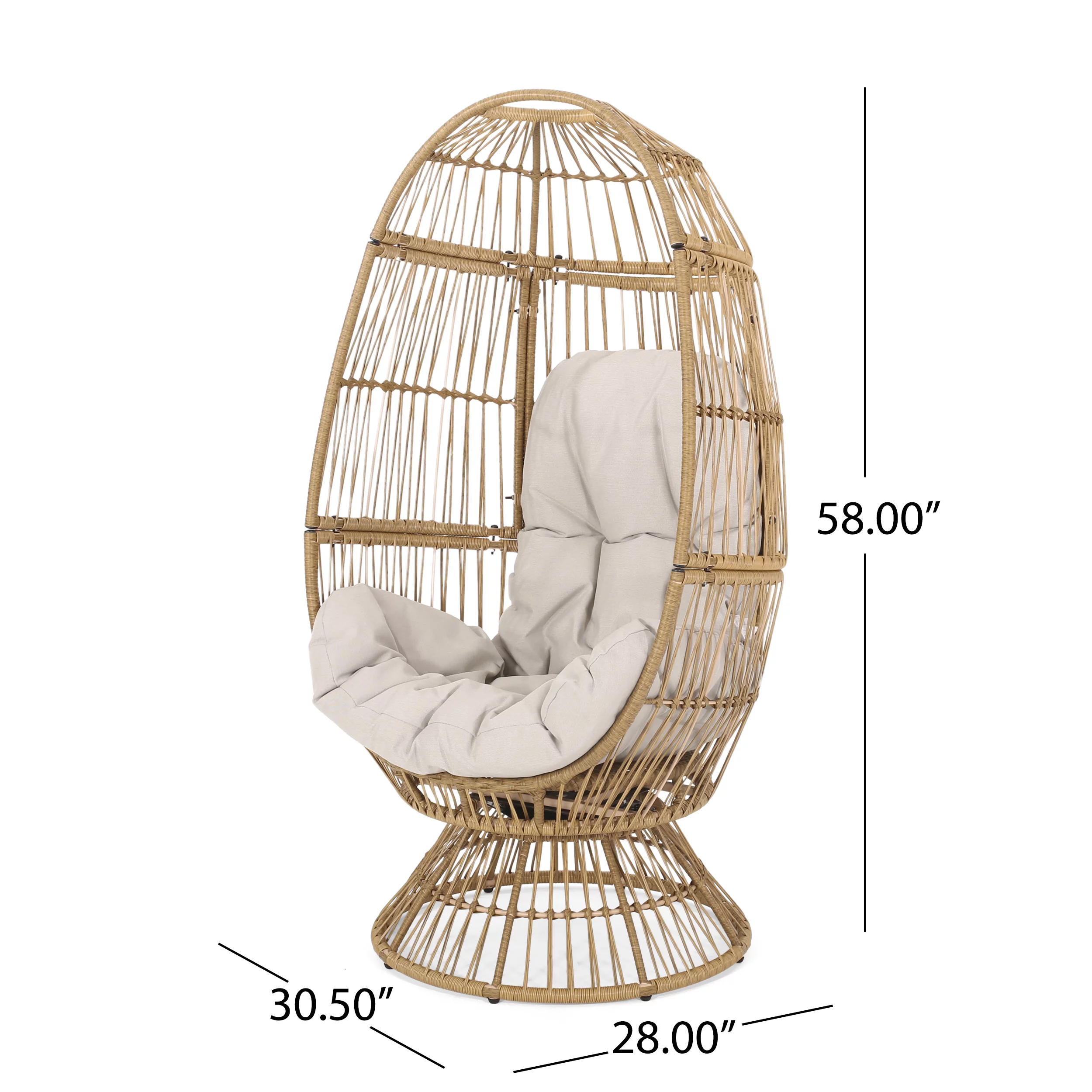 Noble House Adaline Outdoor Wicker Swivel Egg Chair with Cushion, Light Brown, Beige