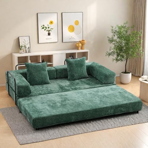 Compression Floor Sofa Bed, Convertible Foldable Sofa with Support Backrest and Armrest, Corduroy Fabric Modular Sectional Couch with 2 Pillows