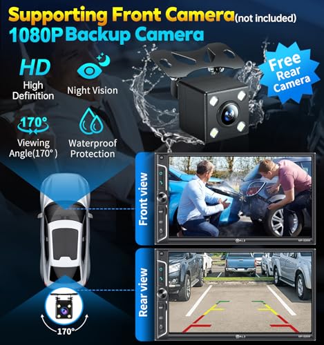 PLZ 7" Wireless Double Din Car Stereo Apple Car Play Radio Carplay Android Auto QLED Touch Screen, Bluetooth 5.3 Audio Receivers, 1080P Backup Camera