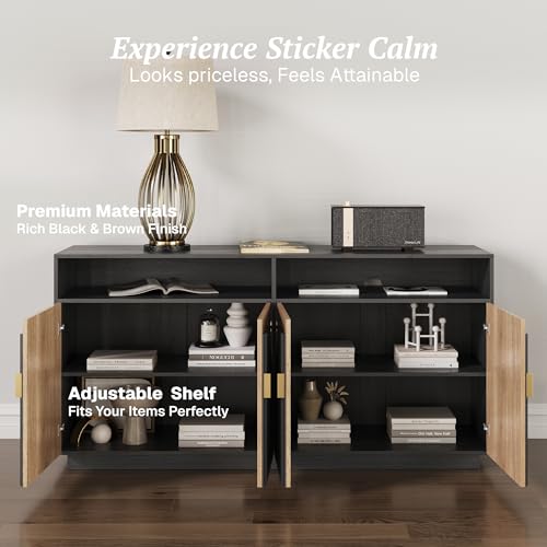 BELLEZE 65 Inch Fluted Buffet Cabinet with Storage, Symmetrical Arc Accent Sideboard Large Console Table for Dining Room, Kitchen