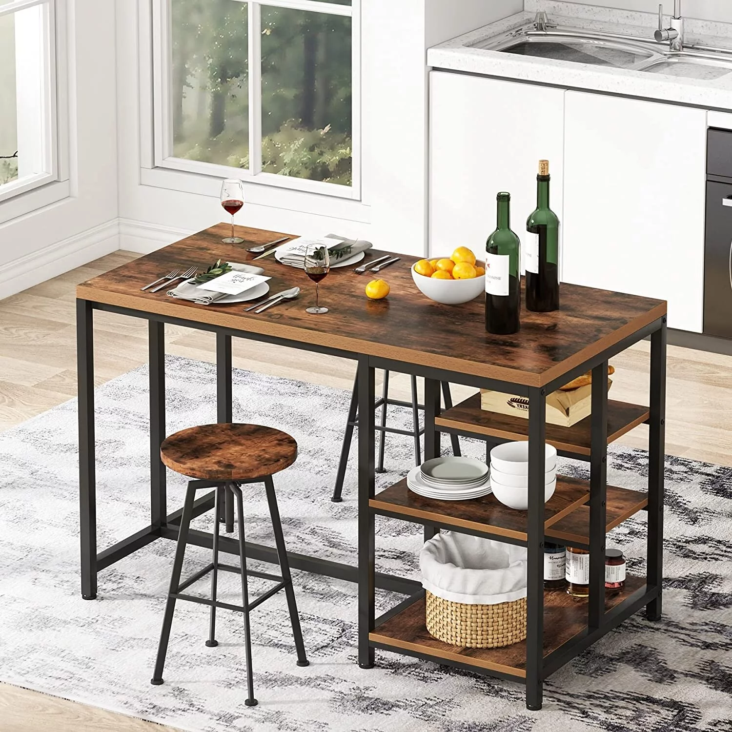 Industrial Kitchen Island with Storage Shelves,Small Dining Table with 5 Shelves, Saving Space(Not Including Stools)