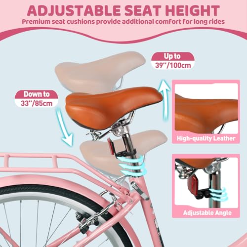 26 Inch Beach Cruiser Bike for Women, Hybrid Cruiser Bike with 7 Speed, Adjustable Seat, Lightweight Women Beach Cruiser Bike with Anti-Skid Tires