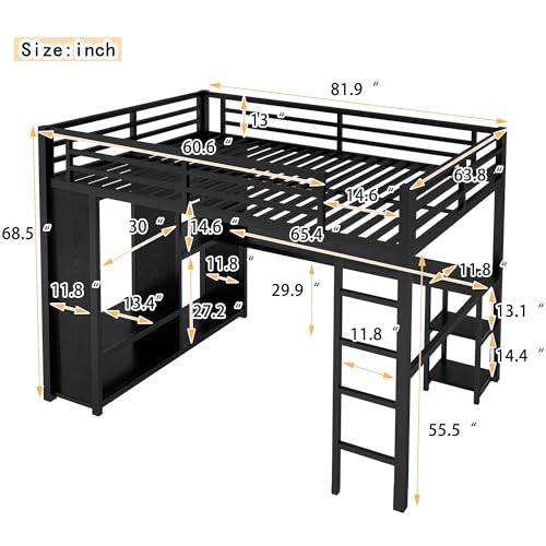 Queen Size Modern Metal Loft Bed with Wardrobe and L-Shaped Desk,Storage Cubes and Shelves,for Kids Teens Adults Bedroom Use (Black#h, Queen)