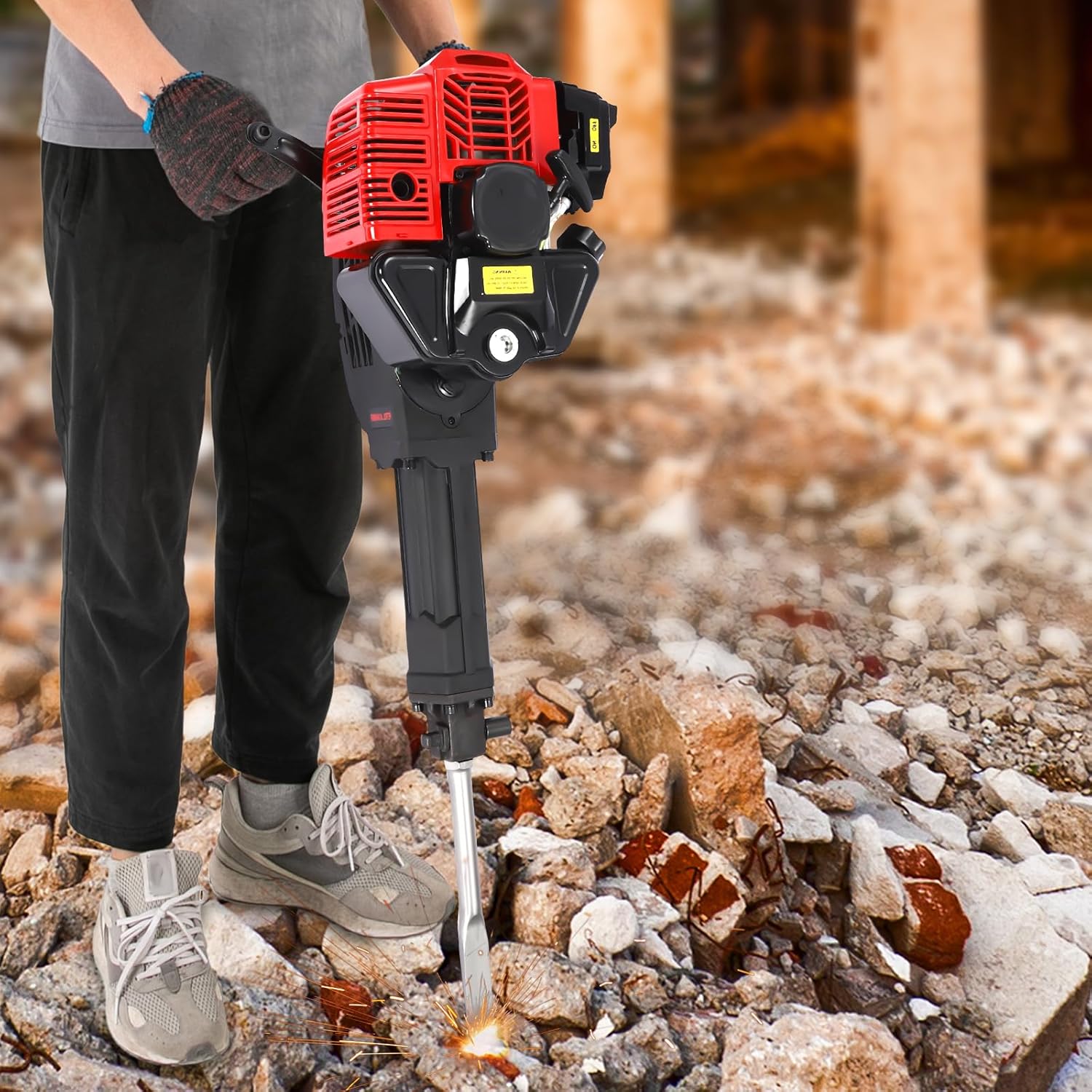 Gas Powered Jack Hammer Concrete Breaker 52CC 2 Stroke Gasoline Concrete Breaker with 2 Chisels Construction Concrete Floor Breaker Drill with Hand