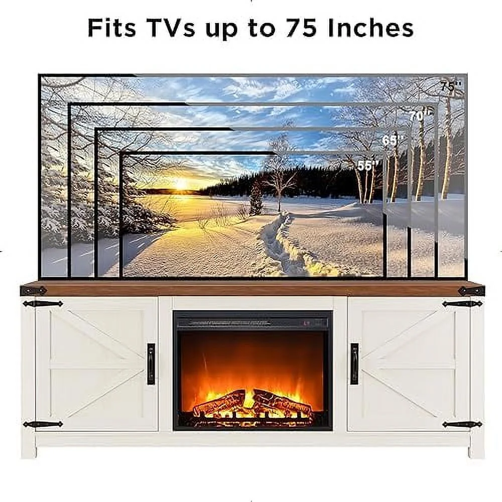TJBOLIFE Farmhouse Fireplace TV Stand - for 70 75 Inch TV  Rustic Entertainment Center w/ 23" Electric Fire Place  Adjustable Shelves