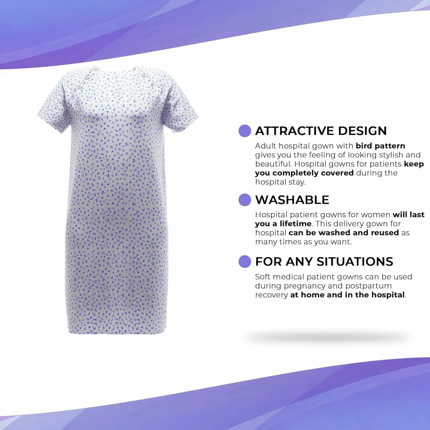 Hospital Gowns for Women, Pack of 3 Medium White Patient Gowns with Bird Print, Short Sleeves, Front and Back Snaps, Soft Cotton Patient Gown