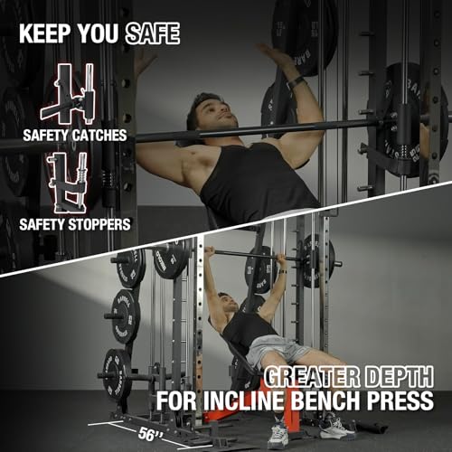 Mikolo Smith Machine, 2200lbs Squat Rack with LAT-Pull Down System & Cable Crossover Machine, Power Cage with Leg Hold-Down Attachment, Red