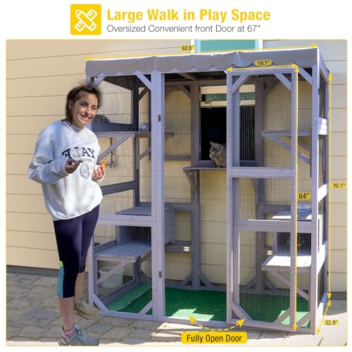 Aivituvin Cat House Outdoor Catio Kitty Enclosure with Super Large Enter Door,Wooden Cat Cage Condo Indoor Playpen with Platforms,Small House,70 Inch