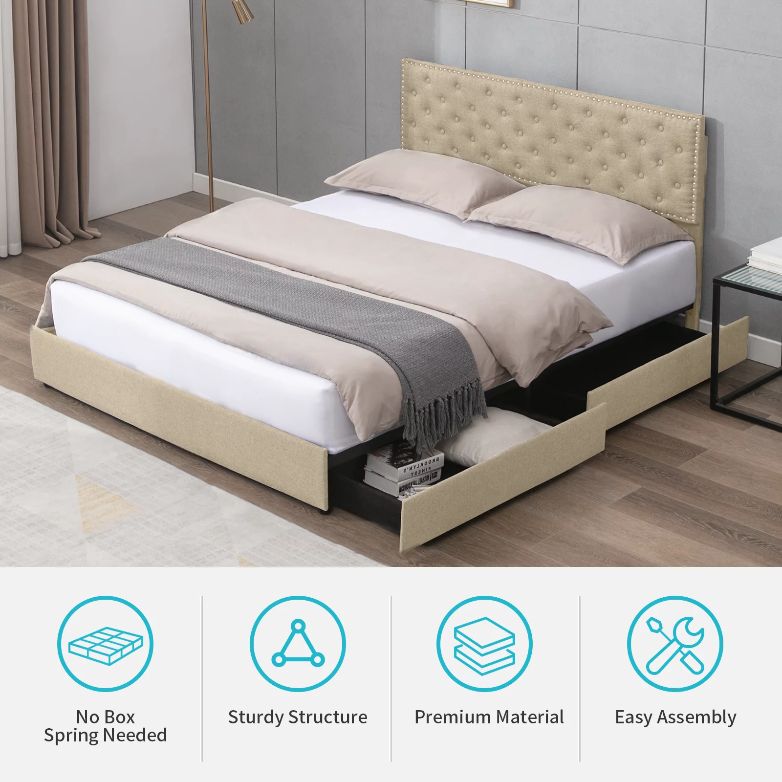 MUZZ Platform Bed Frame with 4 Large Storage Drawers, King Size Bed Frame with Adjustable Tufted Headboard, No Box Spring Needed, Wood Slats Support