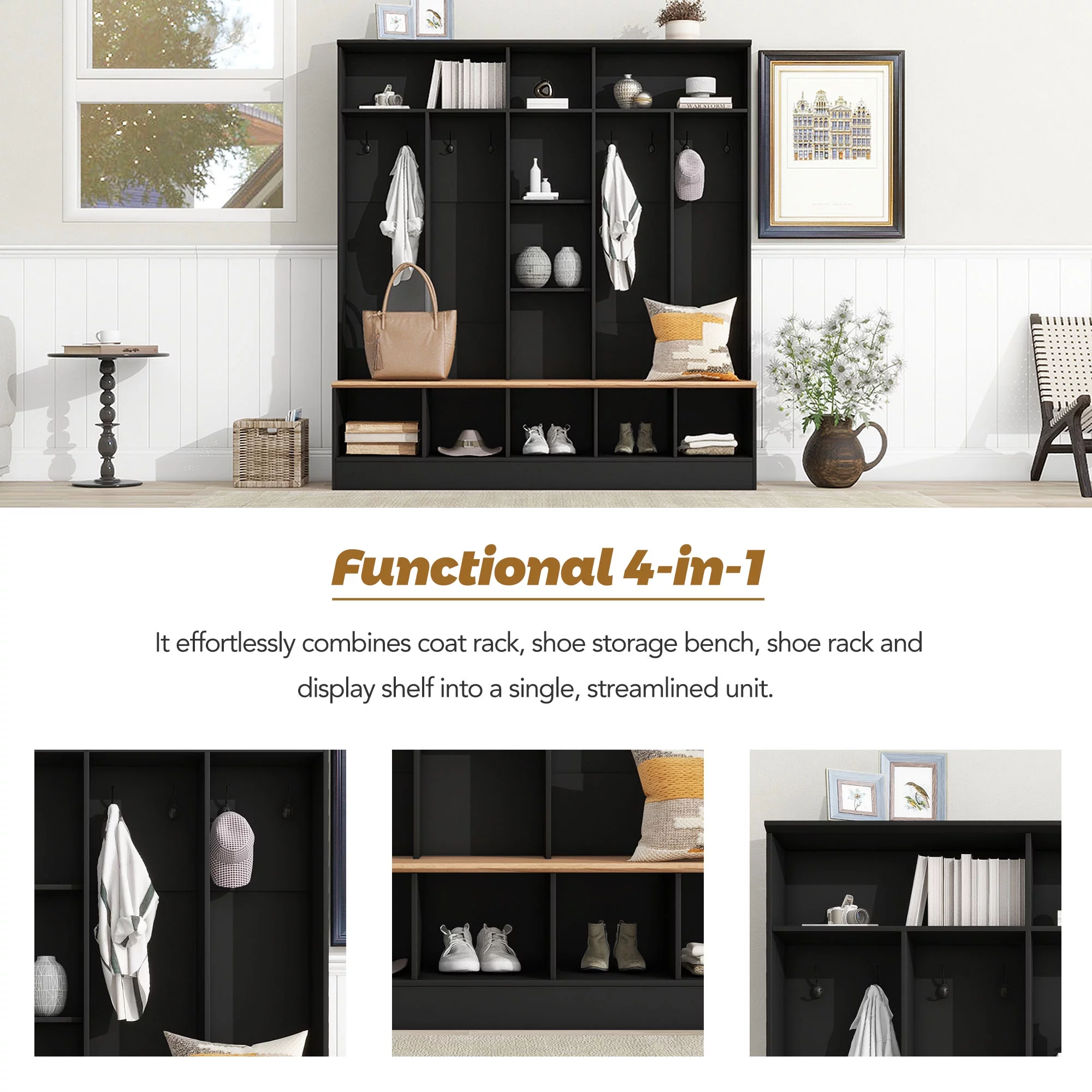 CoSoTower Wide Design Hall Tree with Storage Bench, Minimalist Shoe Cabinet with Cube Storage & Shelves