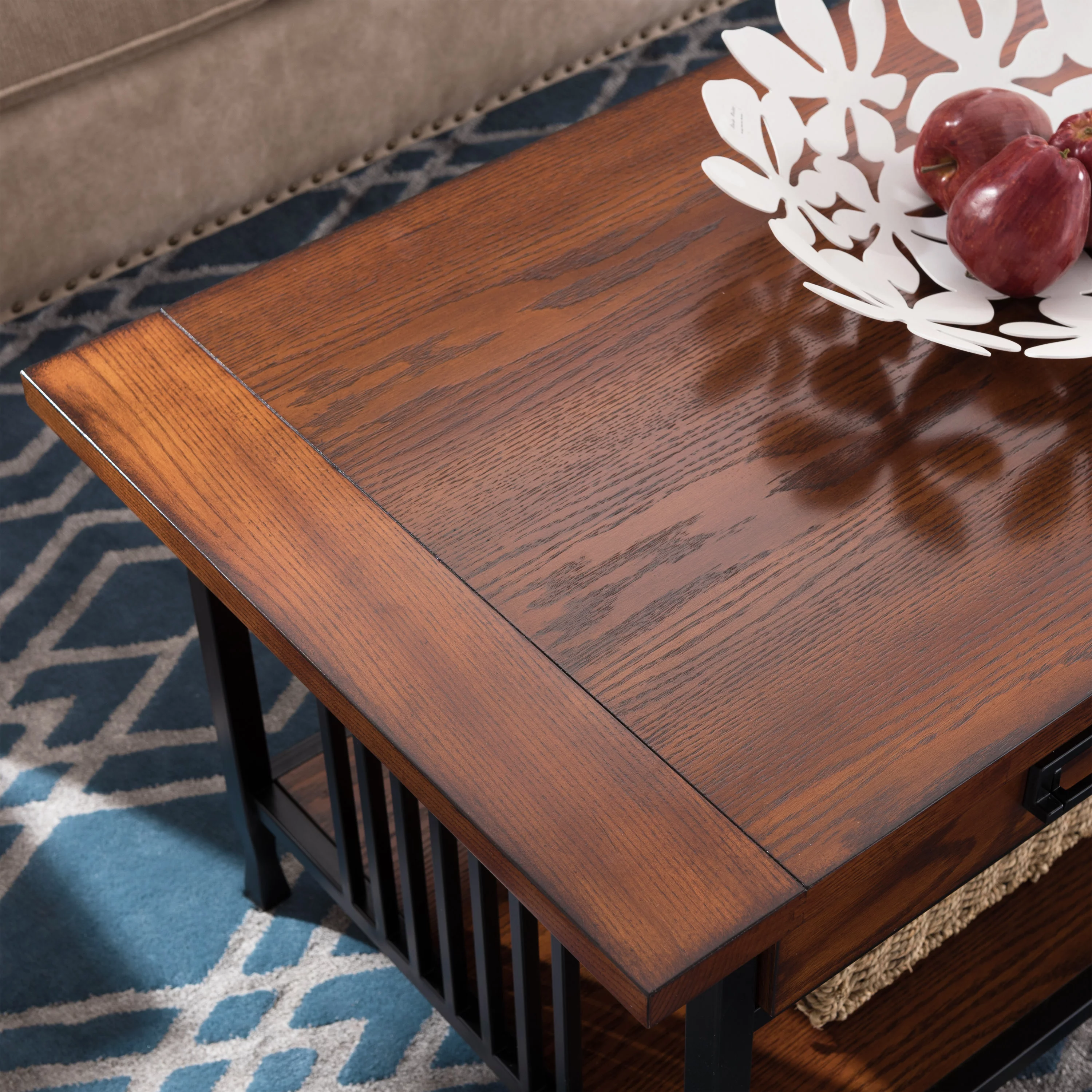 Leick Home 11204 Ironcraft Two Drawer Rustic Coffee Table with Shelf, Mission Oak and Black