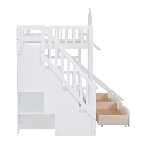 SOFTSEA Twin Over Twin Bunk Bed with Slide and Storage Solid Wood Bunk Bed Frame with Staircase and Drawers, Pink