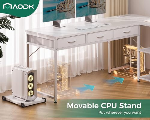 AODK 53 Inch L Shaped Computer Desk with Drawers, Corner Desk with Power Outlets & Reversible Storage Shelves