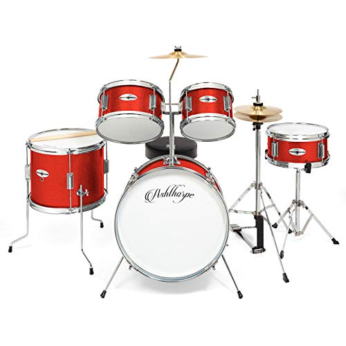 Ashthorpe 5-Piece Complete Junior Drum Set with Genuine Brass Cymbals - Advanced Beginner Kit with 16" Bass, Adjustable Throne, Cymbals, Hi-Hats