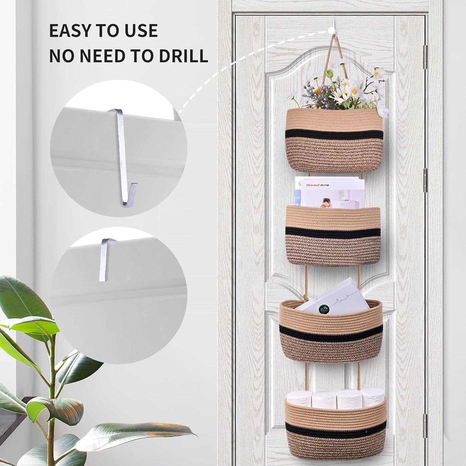 Hanging Baskets for Organizing,Hanging Storage Basket,5 Detachable Over The Door Baskets,Decorative Hanging Wall Basket