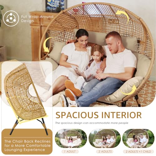 NICESOUL® Double Egg Chair Indoor Outdoor Stationary Oversized Thicken Padded Cushions, 2 Person Egg Loveseat Chair
