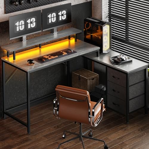 Huuger Reversible L Shaped Computer Desk with Drawers, Gaming Desk with LED Lights and Power Outlets, Office Desk with Storage Shelves