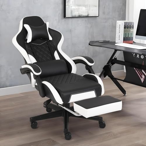 Gaming Chair, Computer Office Chair with Footrest, Linkage Armrests and Lumbar Support, High Back Ergonomic Gamer Chairs for Adults, Blue Fabric