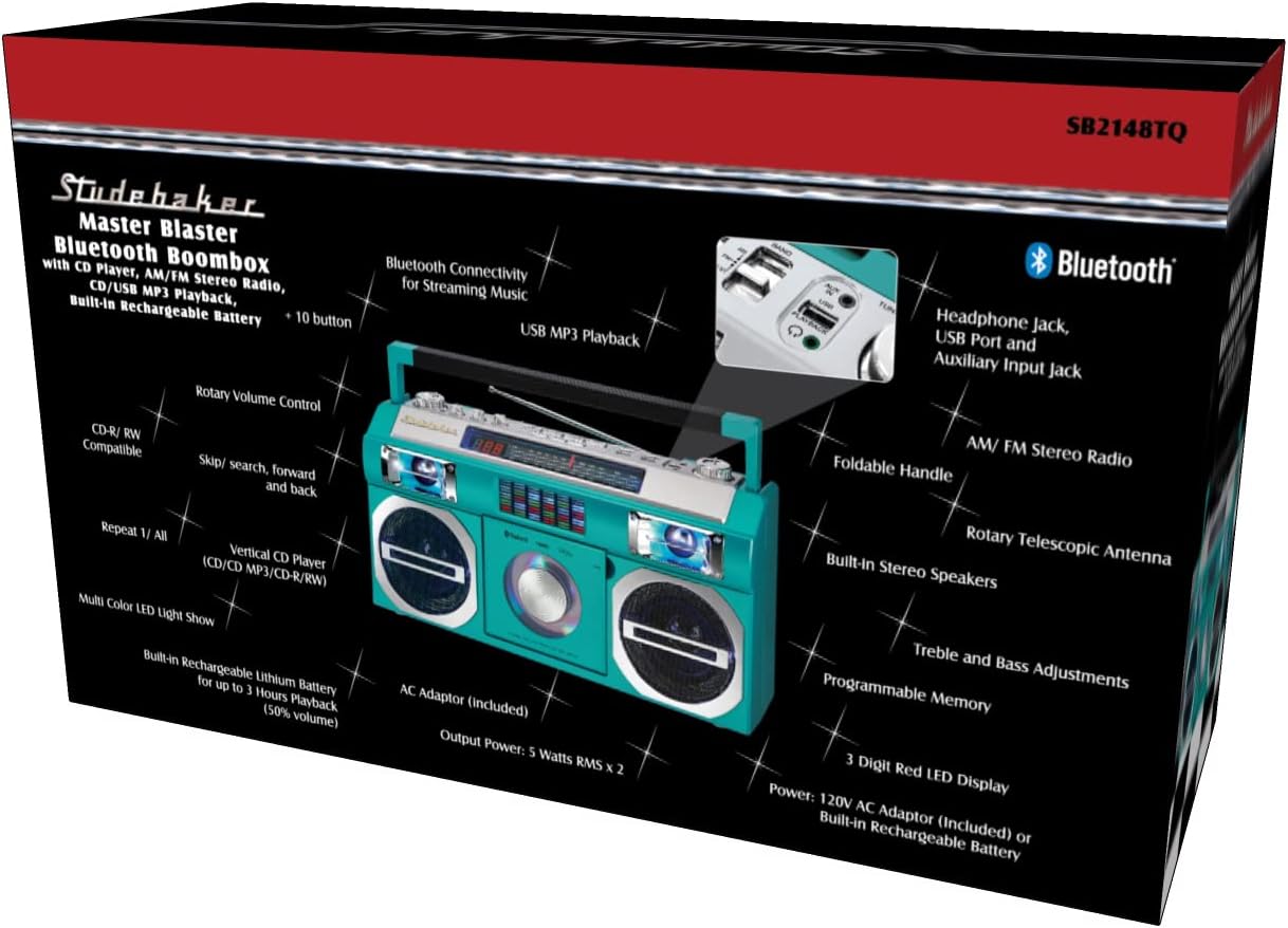 Studebaker Vintage Aqua Turquoise 80's Retro Street Bluetooth Wireless Streaming Boombox Rechargeable Battery, CD/MP3 Player, AM/FM, USB