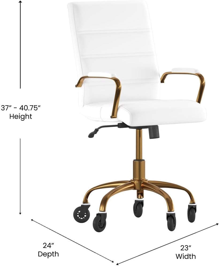 Flash Furniture Camilia Mid-Back Executive Swivel Office Chair with Gold Frame, Arms, and Transparent Roller Wheels, 24", White LeatherSoft