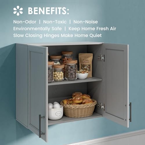 Wall Storage Cabinet - Kitchen Laundry Wall Amount Cabinet with Two Shaker Doors and Shelf, in Grey, 24'Wx2 Pcs