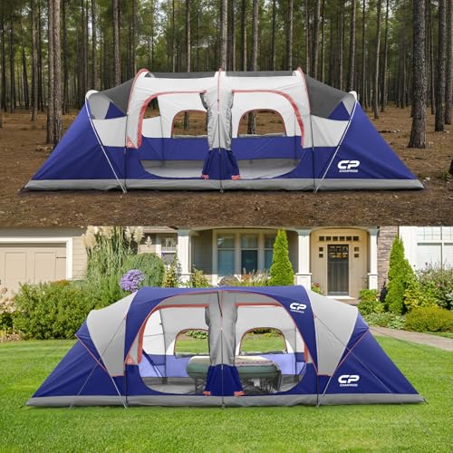 CAMPROS CP Tent 12-Person-Camping-Tents,3 Room Family Tents,Waterproof Windproof Family Tent with Top Rainfly,6 Large Mesh Windows,Double Layer