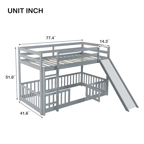 Bunk Beds Twin Over Full Size, Pine Solid Wooden Bunk Bed with Slide, Storage Staircase, Safety Guardrails for Kids, White