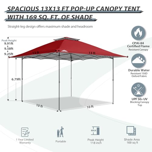 EAGLE PEAK 13x13 Straight Leg Pop Up Canopy Tent Instant Outdoor Canopy Easy Single Person Set up Folding Shelter w/Auto Extending Eaves 169 Square
