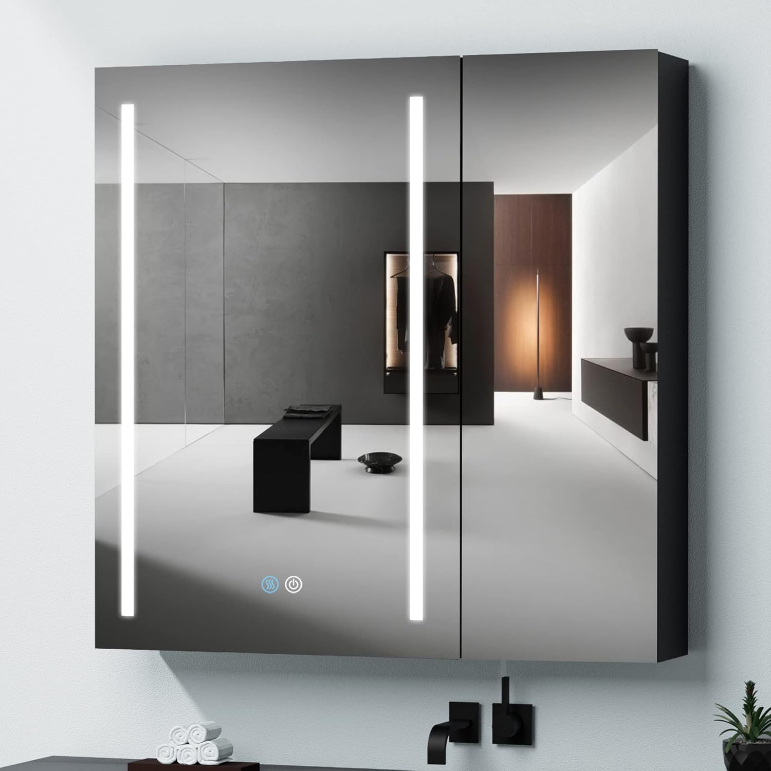 30x30 Inch LED Bathroom Medicine Cabinet Surface Mount Double Door Lighted Medicine Cabinet, Medicine Cabinets with Mirror Defogging Dimmer