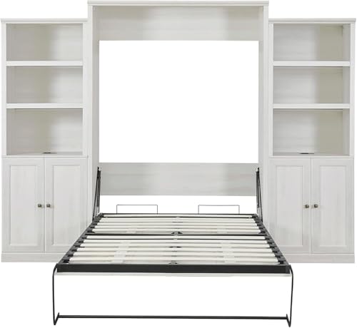 MERITLINE Queen Size Murphy Bed with Storage Bookcase Shelves,Cabinet and Charging Station,Wood Folding White Murphy Wall Bed