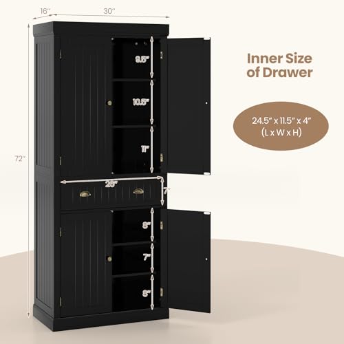 Tangkula 72" H Kitchen Pantry Cupboard Cabinet, Traditional Freestanding Large Tall Storage Cabinet with 2 Cabinets and Drawer, Adjustable Shelves