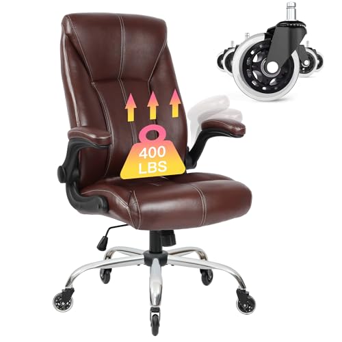 Big and Tall Office Chair for Heavy People 400lb, Executive Desk Computer Chair Adjustable Flip-up Armrests