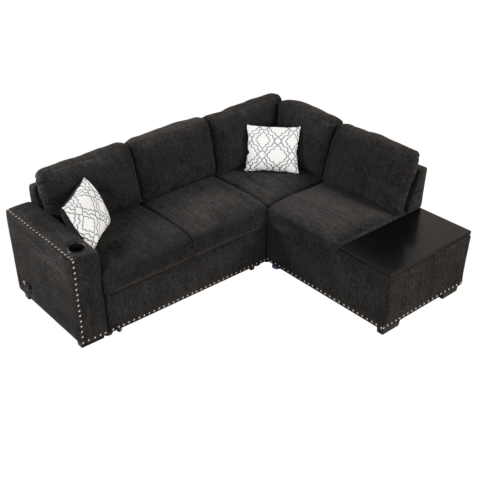 Reversible Sectional Pull-Out Sofa Bed L-Shaped Corner with Storage Chaise, Black
