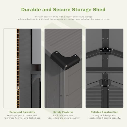 Patiowell 6 x 8 FT Plastic Outdoor Storage Shed with Floor, Resin Outside Tool Shed with Two Windows and Lockable Easy to Install, Door for Garden