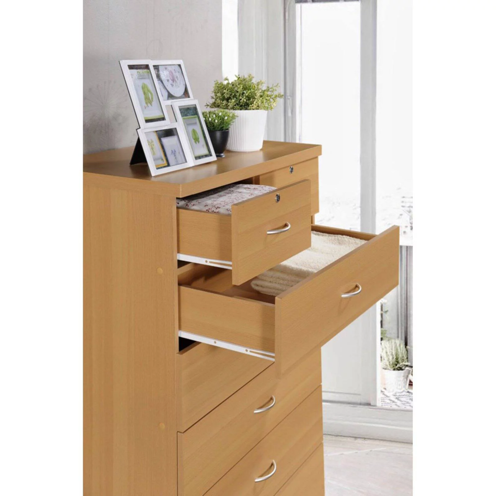 Hodedah 7 Drawer Wooden Jumbo Dresser Chest with 2 Top Locks, Cherry