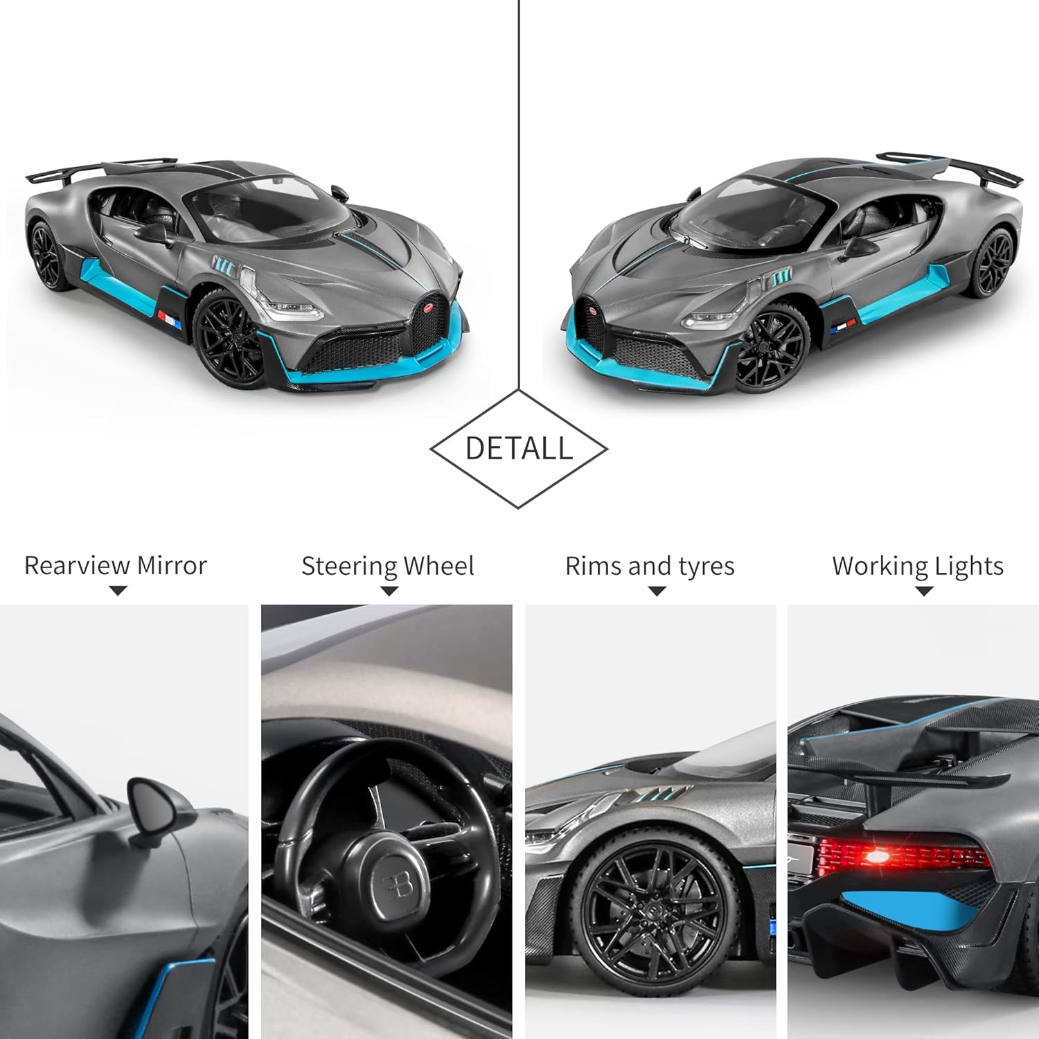 MIEBELY Bugatti Remote Control Car – 1/12 Scale RC Car for Children and Adults – Realistic Bugatti Divo Car with Lights – Detachable Steering Ring