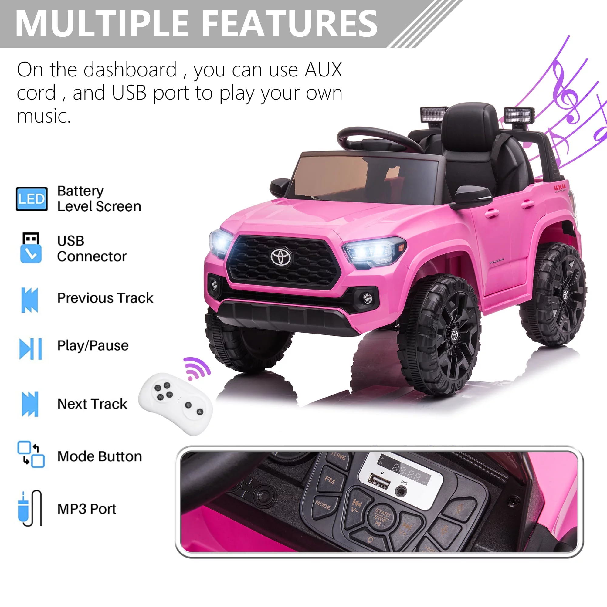 Licensed Toyota Tacoma Electric Ride on Vehicle for Kids, 12V Powered Ride on Car Toys with Remote Control, LED Lights, MP3 Player, Gray