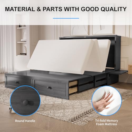 PUREMIND Queen Murphy Bed with Storage Drawers, Camas Con Colchon Incluido, Hideaway Chest Beds with Built-in Charging Station