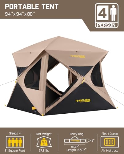 FanttikOutdoor Alpha C4 Ultra Camping Tent 4 Person Pop Up Instant Cabin Setup in 60 Seconds Portable Hub Tent with Rainfly & Windproof for Outdoor