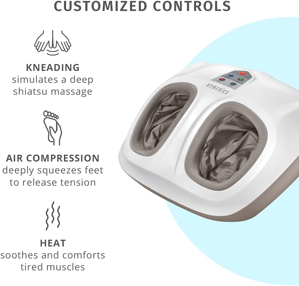 HoMedics Shiatsu Air 2.0 Foot Massager with Soothing Heat and Rhythmic Air Compression, 3 Customized Controls and Intensities, Washable Liner