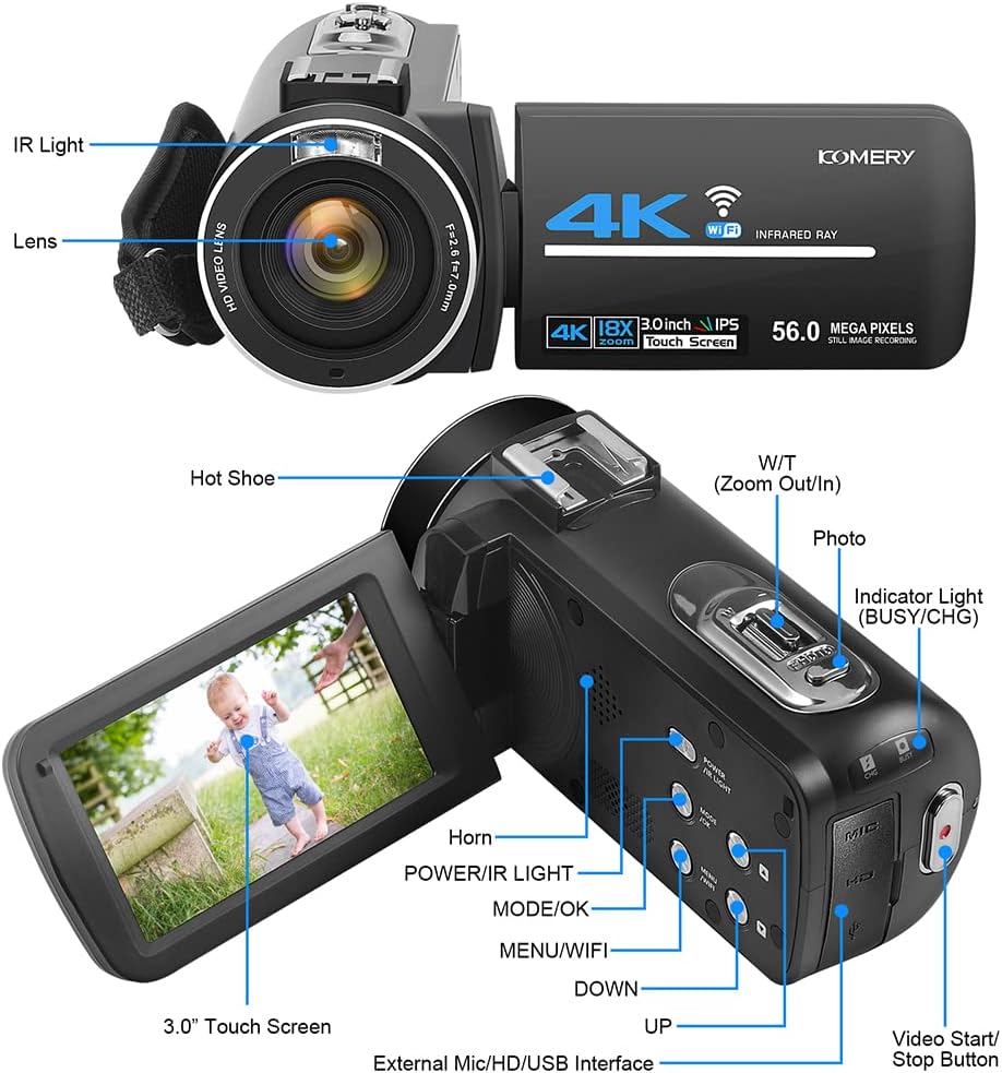 Camcorder Video Camera 4K 56MP UHD Video Camera for YouTube with External Mic Video Camera Camcorder with 32G SD Card 2.4G Remote IR Night Vision