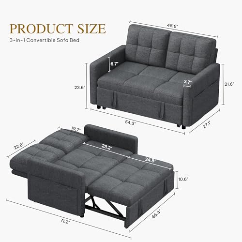 DWVO 55" Convertible Sofa Bed, 3-in-1 Sleeper Sofa with Pull-Out Bed, Linen Futon Couch with Adjustable Backrest and Side Pocket