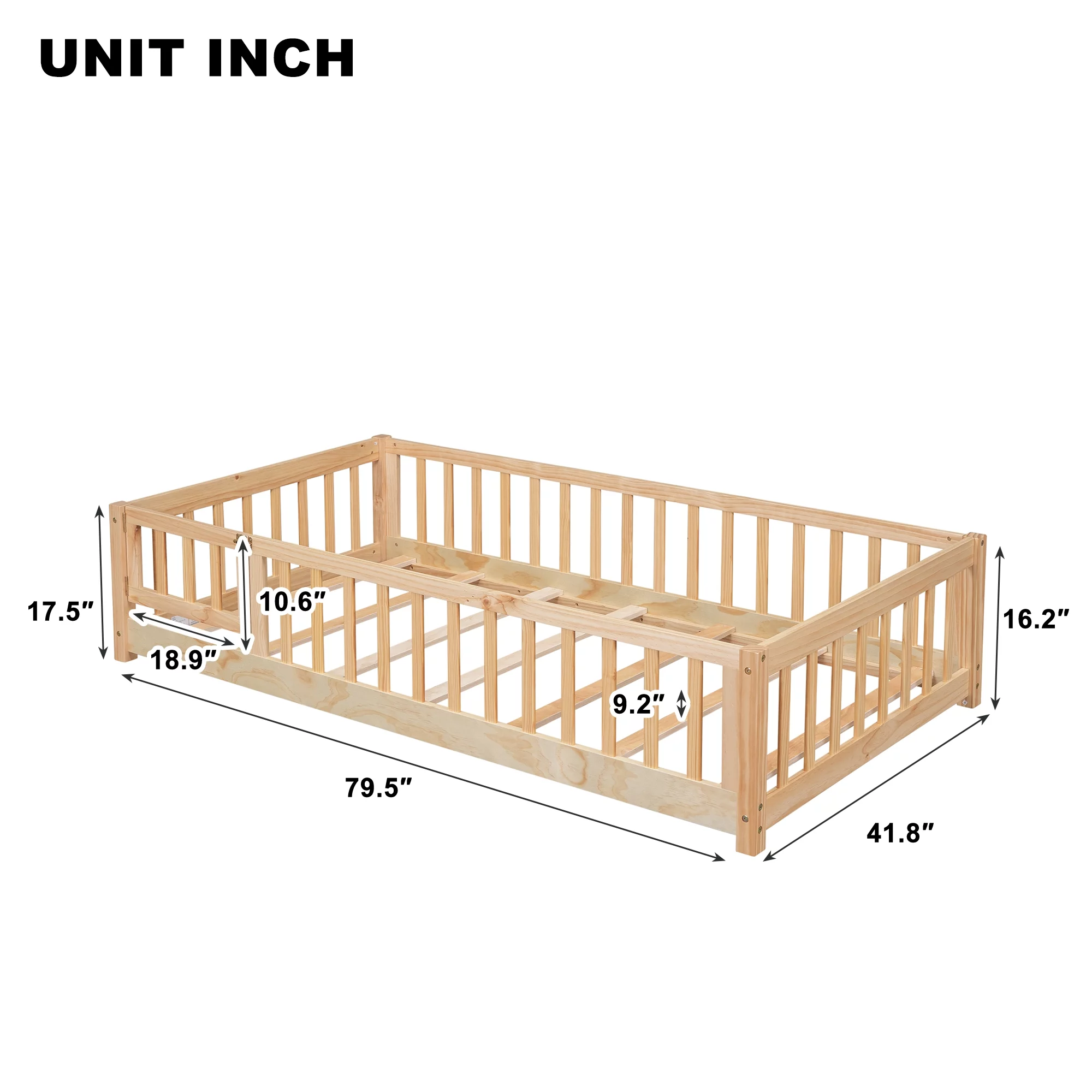PAPROOS Twin Floor Bed Frame for Toddler, Wood Platform Bed with Wooden Slats, Fence and Door